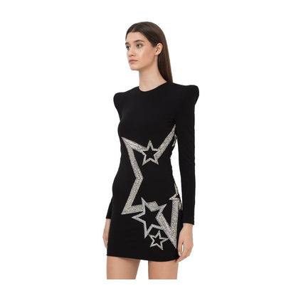 Balmain Black Viscose Dress with Rhinestone Accents