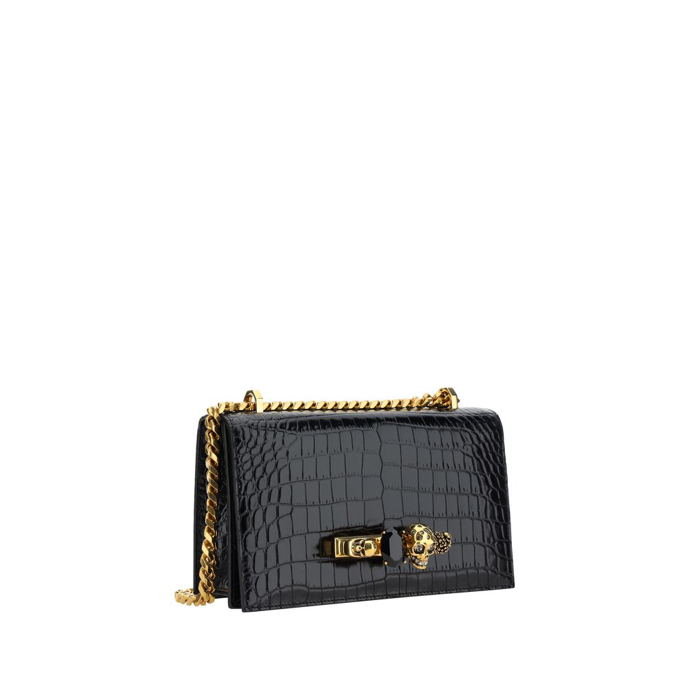 Alexander McQueen Black Leather & Gold Chain Skull Hardware Shoulder Bag