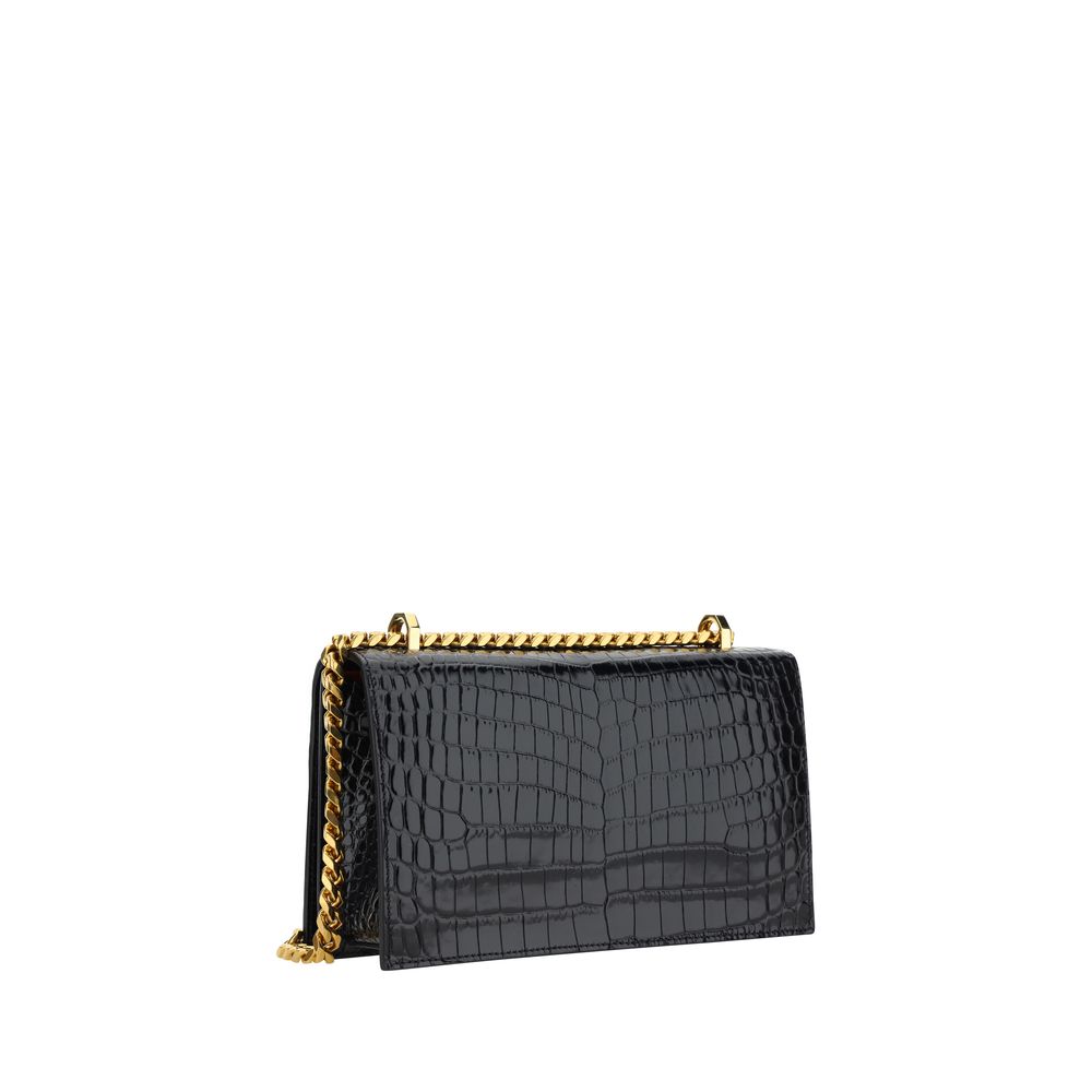 Alexander McQueen Black Leather & Gold Chain Skull Hardware Shoulder Bag