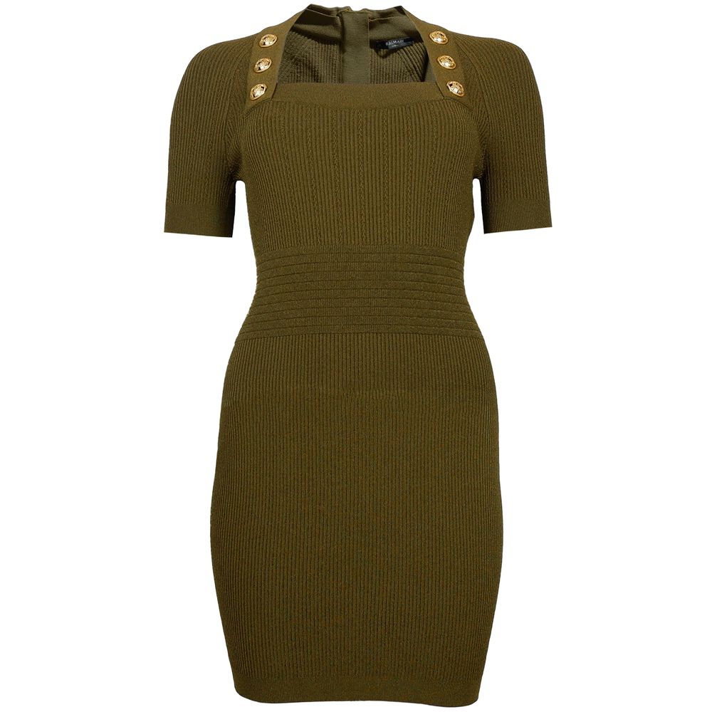 Balmain Green Viscose Ribbed Dress with Gold Buttons