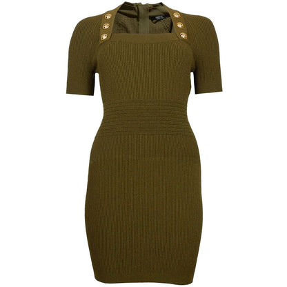 Balmain Green Viscose Ribbed Dress with Gold Buttons