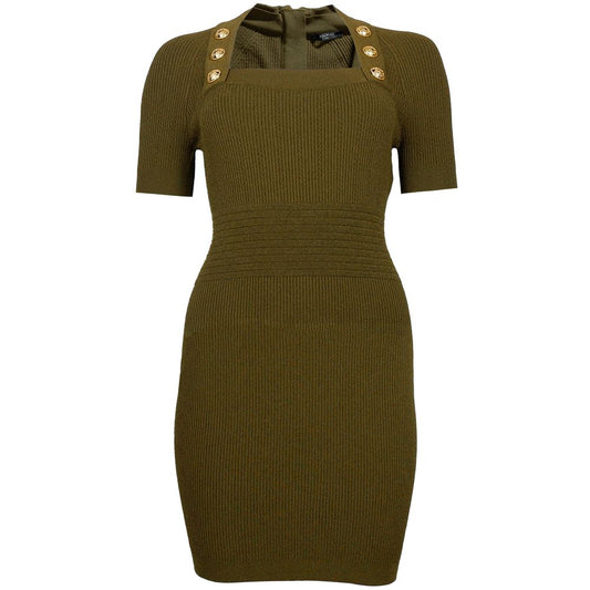 Balmain Green Viscose Ribbed Dress with Gold Buttons