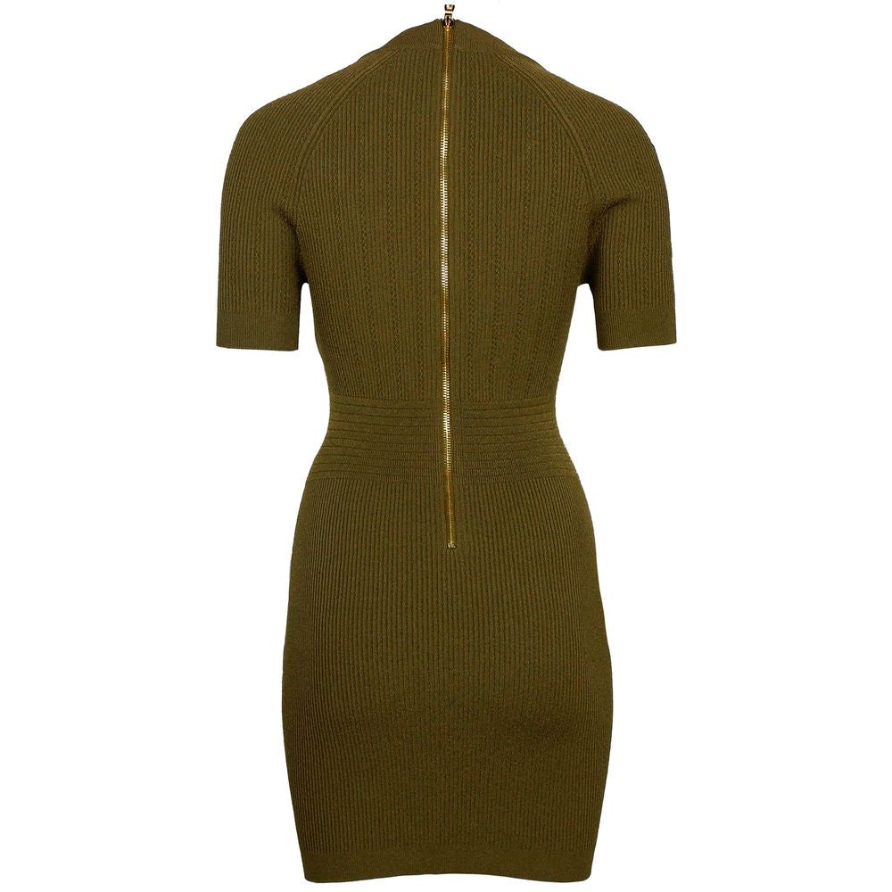 Balmain Green Viscose Ribbed Dress with Gold Buttons
