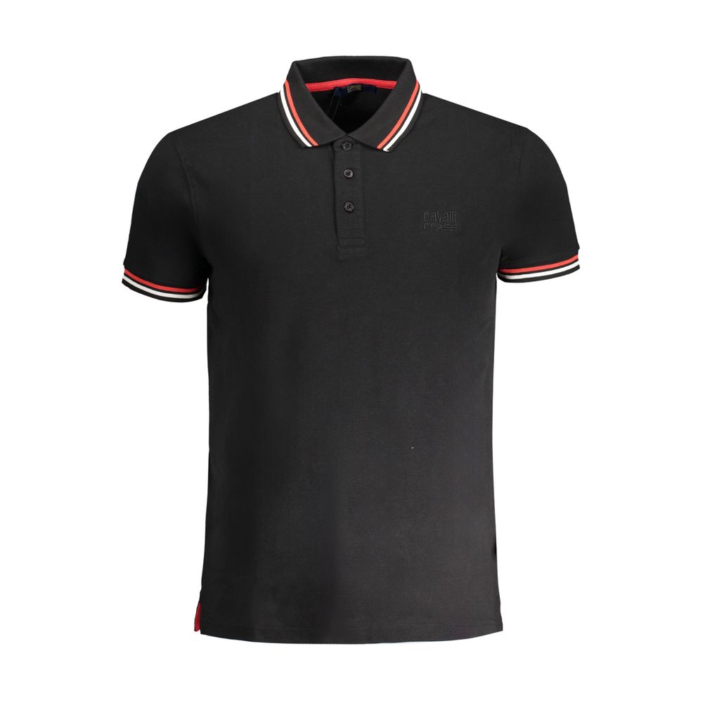 Cavalli Class Black Cotton Polo Shirt with Contrast Details