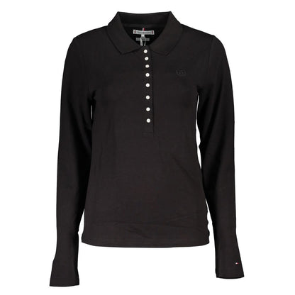 Tommy Hilfiger Black Cotton Polo Shirt - Long Sleeved Slim Fit with Logo Embroidery