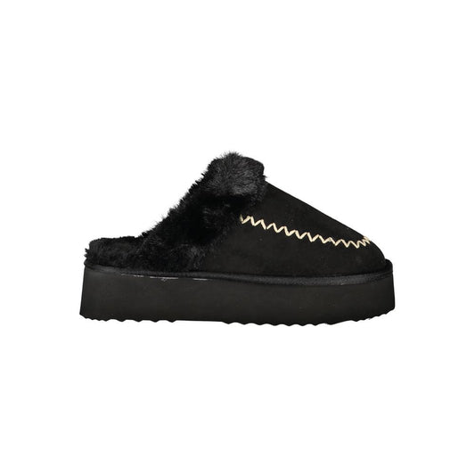Laura Biagiotti Black Polyester Sandal - Luxurious Fur Slipper