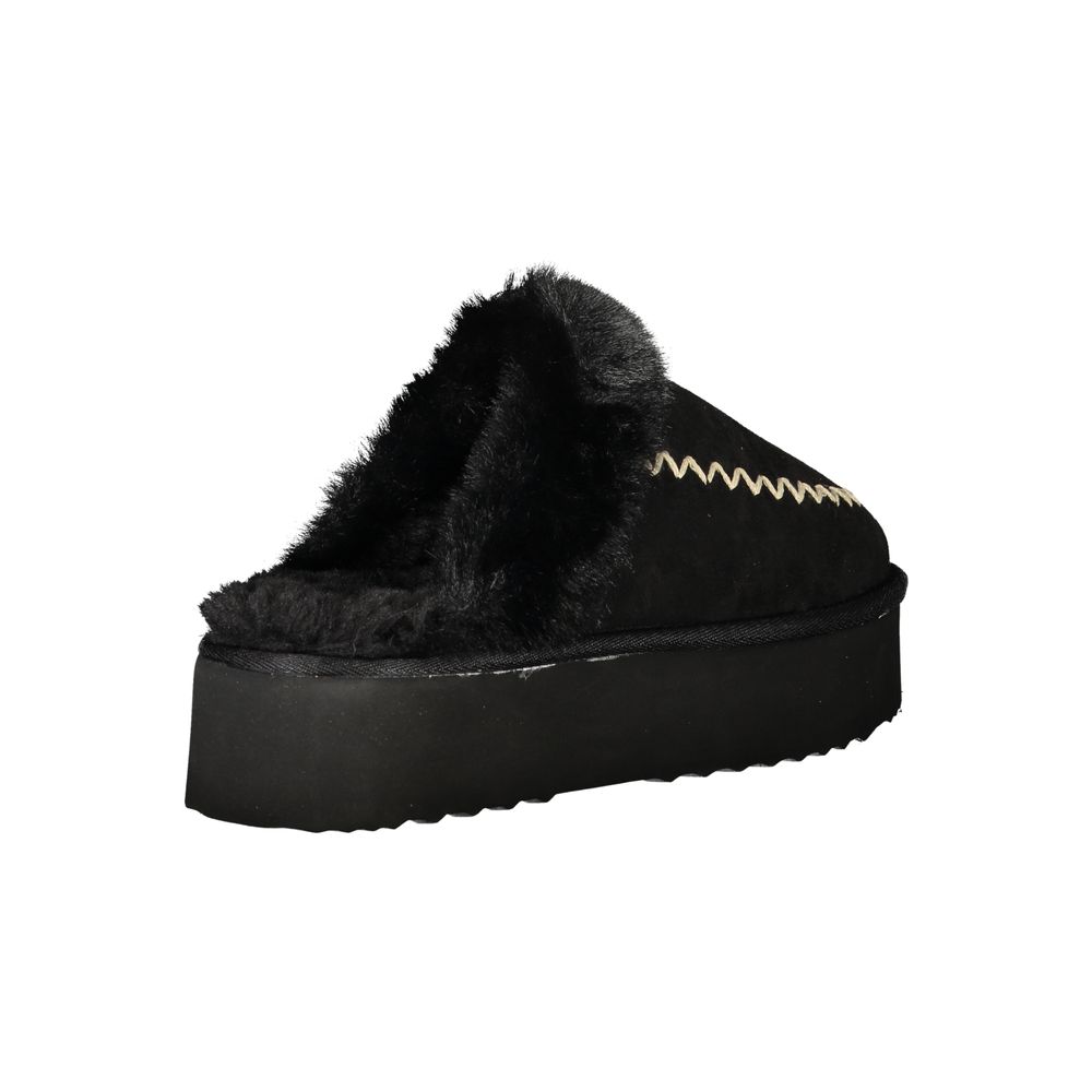 Laura Biagiotti Black Polyester Sandal - Luxurious Fur Slipper