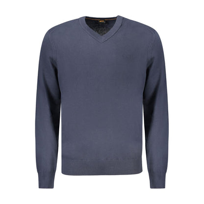 Hugo Boss Blue Cotton Sweater - Long Sleeved V-Neck T-Shirt with Logo