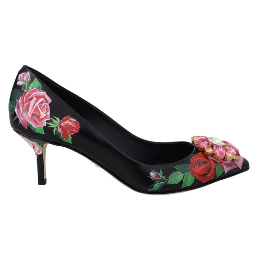 Dolce & Gabbana Black Leather Floral Print Pumps