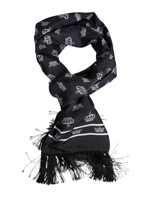 Dolce & Gabbana Black Silk Crown Fringes Men Foulard Scarf