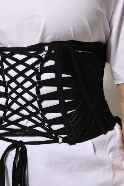 Dolce & Gabbana Black Cotton Waist Lace-Up Strap Corset Belt