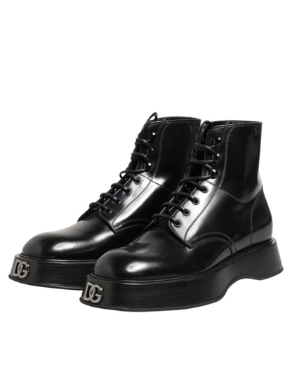 Dolce & Gabbana Black Leather Logo Ankle Boots