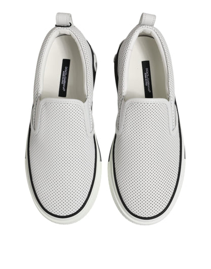 Dolce & Gabbana White Dotted Leather Slip On Men Sneakers