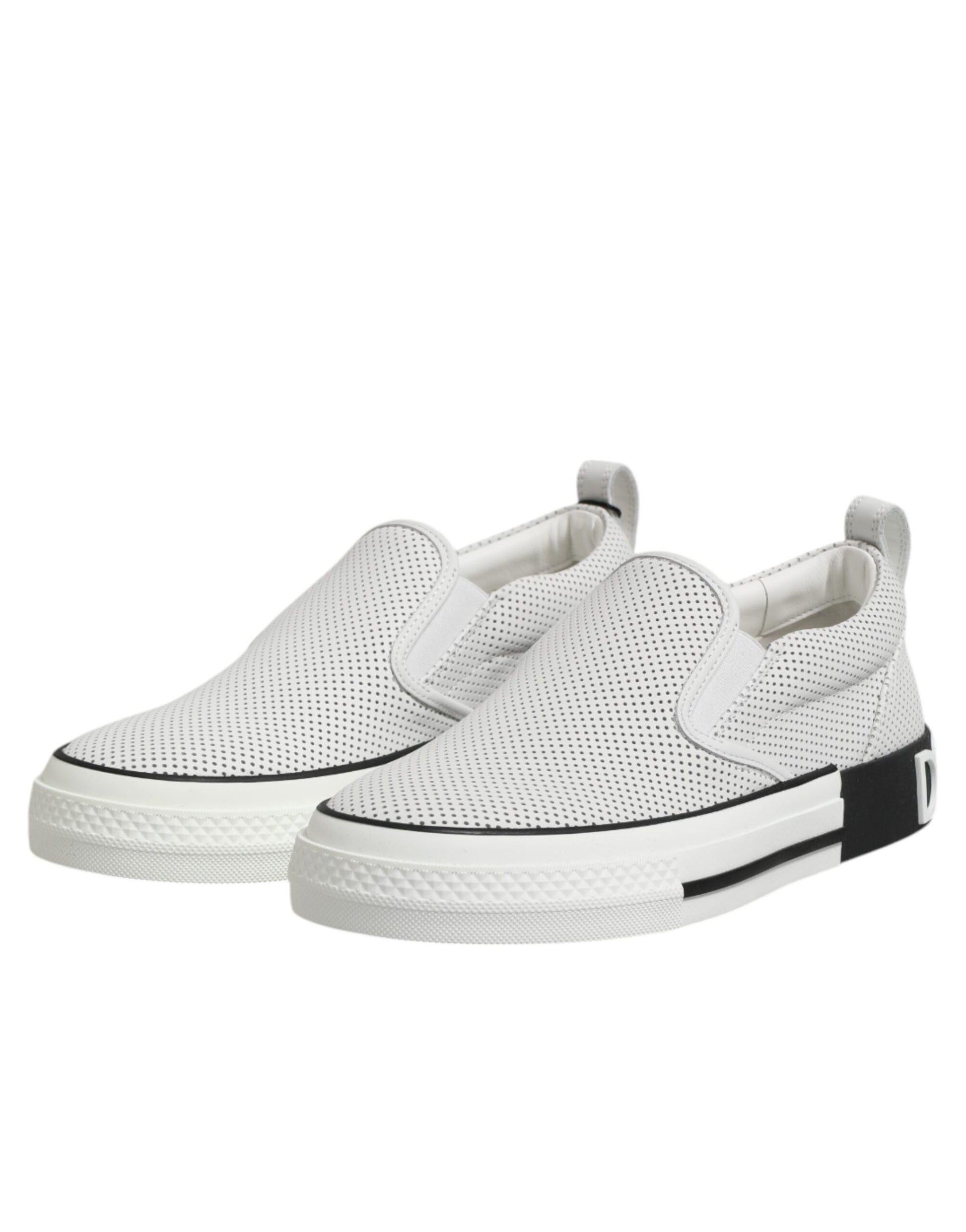 Dolce & Gabbana White Dotted Leather Slip On Men Sneakers