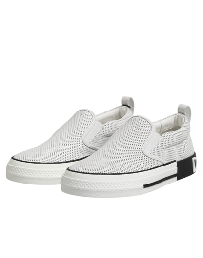 Dolce & Gabbana White Dotted Leather Slip On Men Sneakers