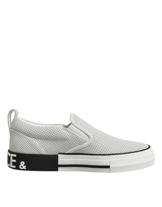 Dolce & Gabbana White Dotted Leather Slip On Men Sneakers