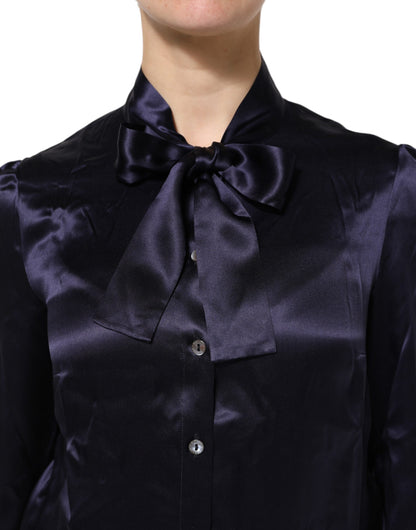 Dolce & Gabbana Dark Purple Silk Ascot Collared Blouse Top