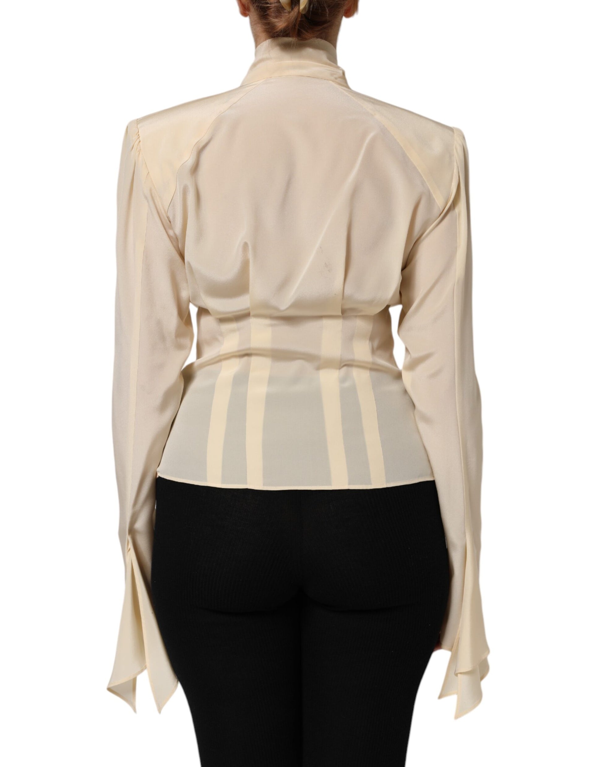 Dolce & Gabbana Light Yellow Silk Ascot Collared Blouse Top