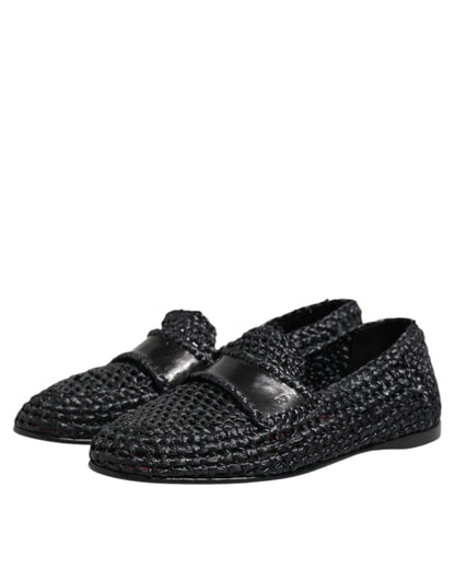 Dolce & Gabbana Black Woven Leather Slip On Loafers for Men