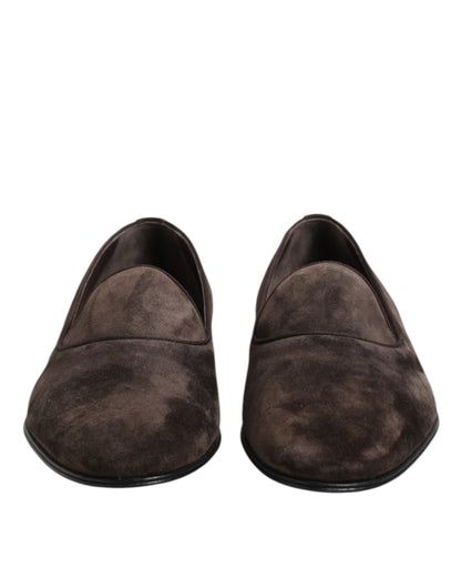 Dolce & Gabbana Brown Velvet Leather Slip On Loafers