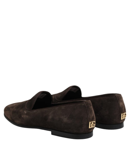 Dolce & Gabbana Brown Velvet Leather Slip On Loafers