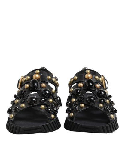 Dolce & Gabbana Black Leather Studded Ankle Strap Sandals