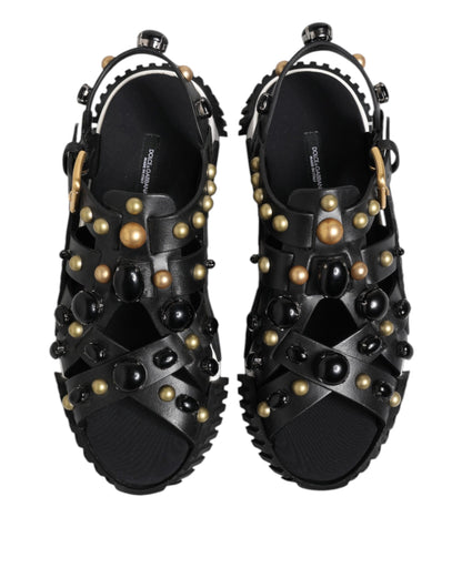 Dolce & Gabbana Black Leather Studded Ankle Strap Sandals