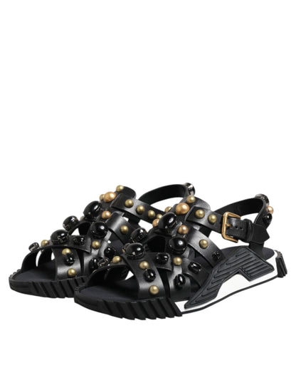 Dolce & Gabbana Black Leather Studded Ankle Strap Sandals