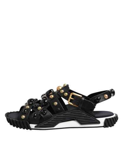 Dolce & Gabbana Black Leather Studded Ankle Strap Sandals