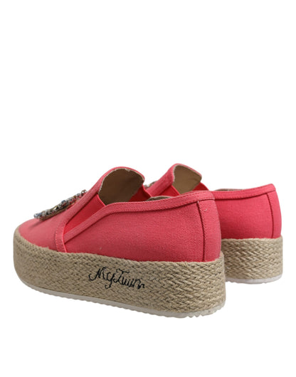Twinset Pink Canvas Crystal Embellished Slip On Shoes