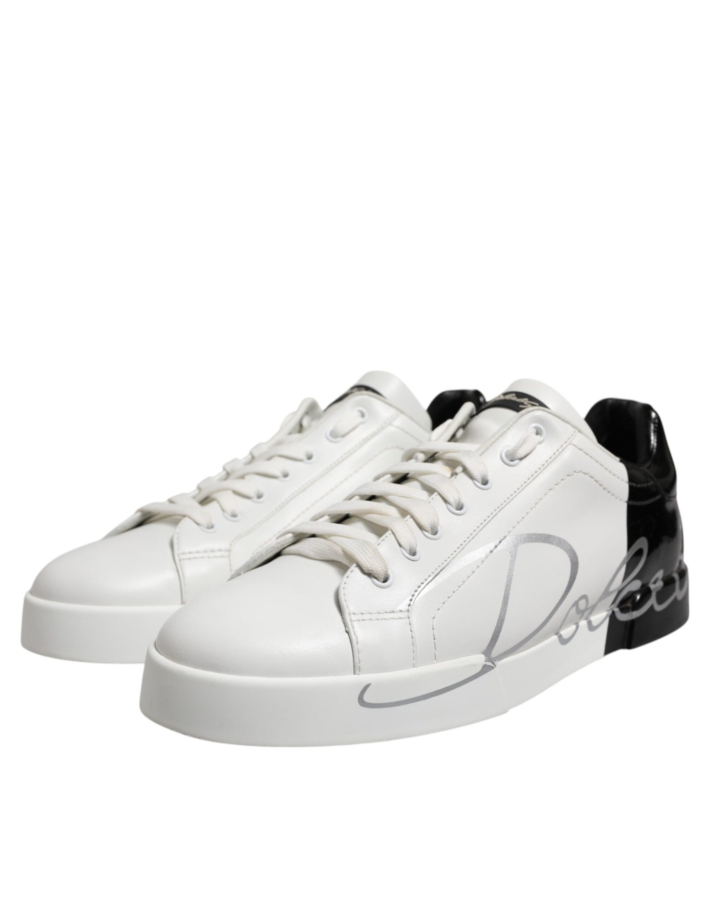 Dolce & Gabbana White Black Logo Low Top Leather Sneakers