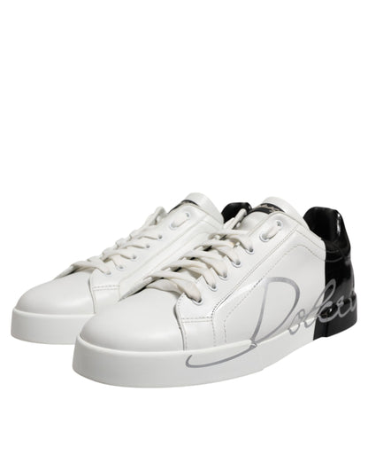 Dolce & Gabbana White Black Logo Low Top Leather Sneakers