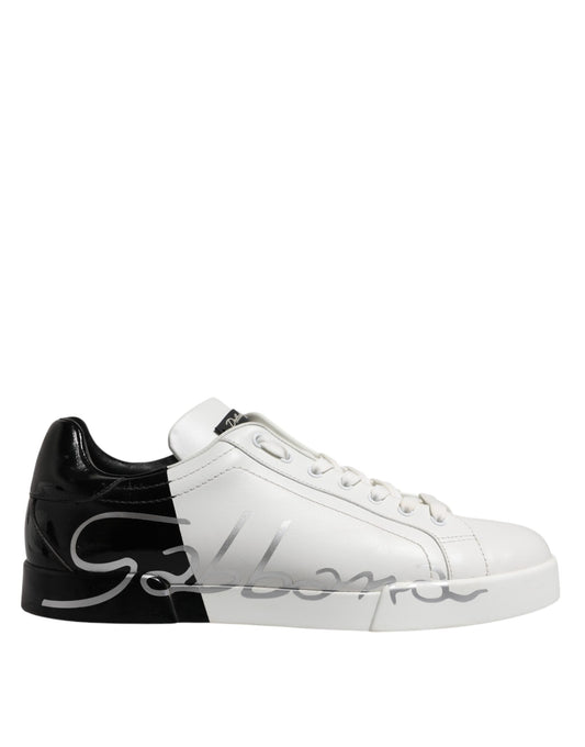 Dolce & Gabbana White Black Logo Low Top Leather Sneakers
