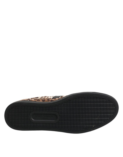 Dolce & Gabbana Brown Leopard Logo Print Cotton Sneakers