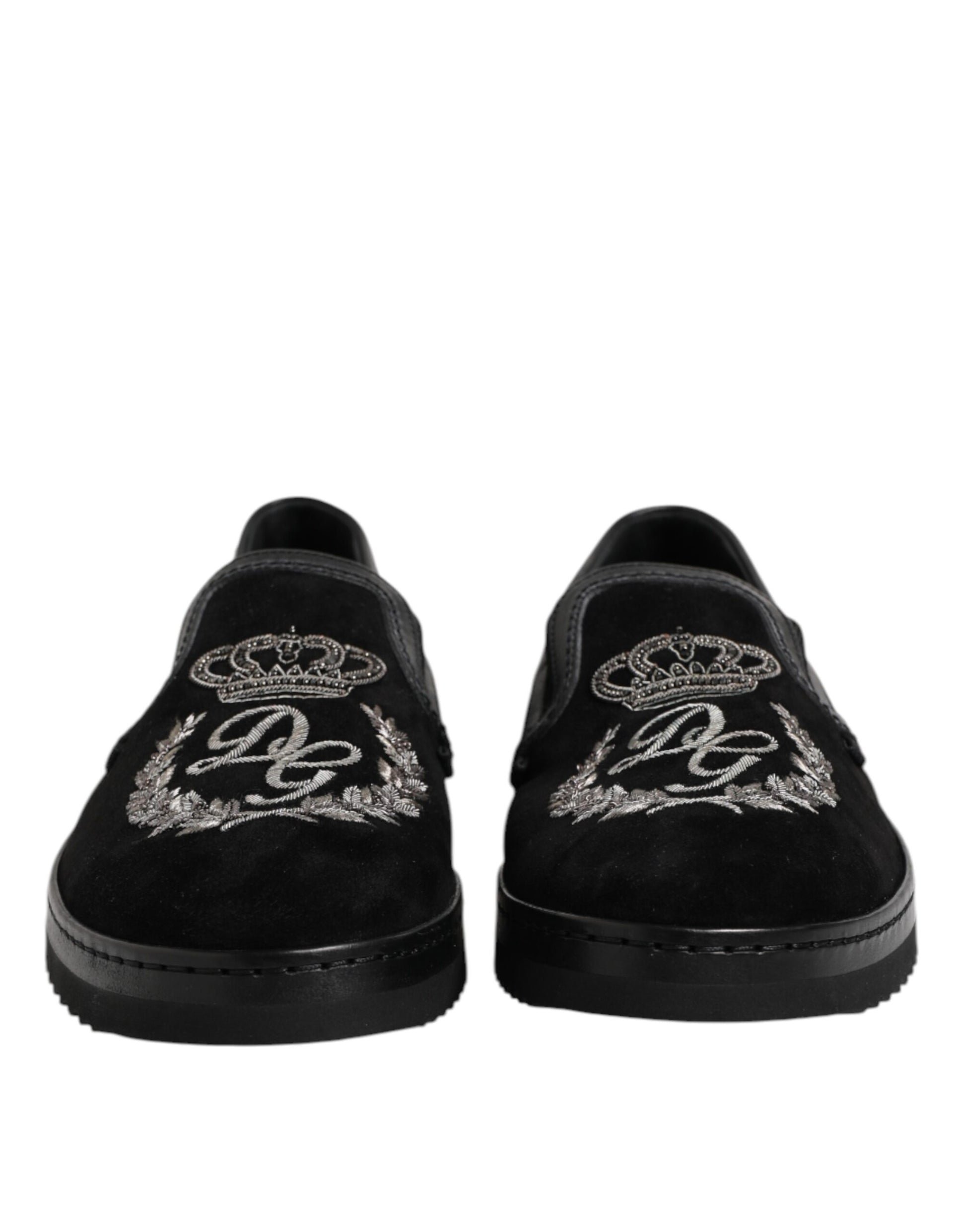 Dolce & Gabbana Black Embroidered Crown Loafers