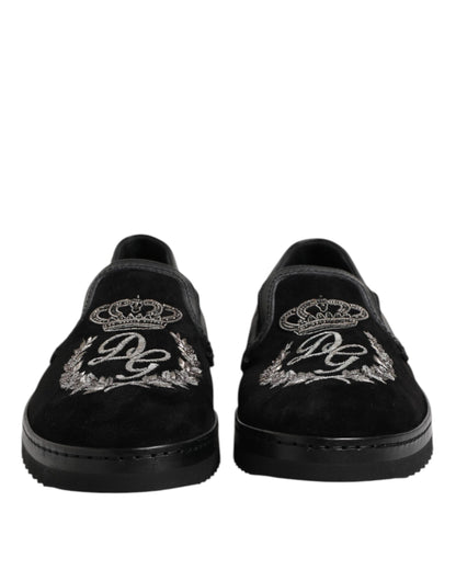 Dolce & Gabbana Black Embroidered Crown Loafers
