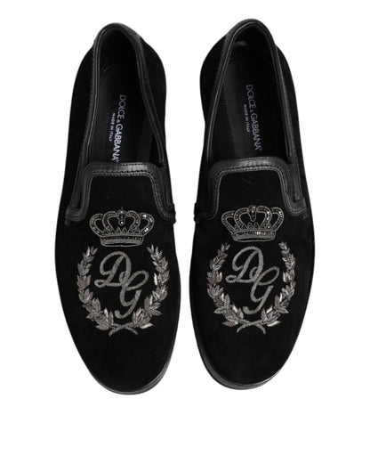 Dolce & Gabbana Black Embroidered Crown Loafers