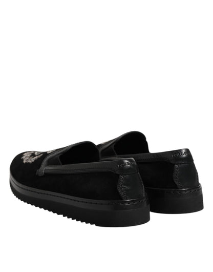 Dolce & Gabbana Black Embroidered Crown Loafers