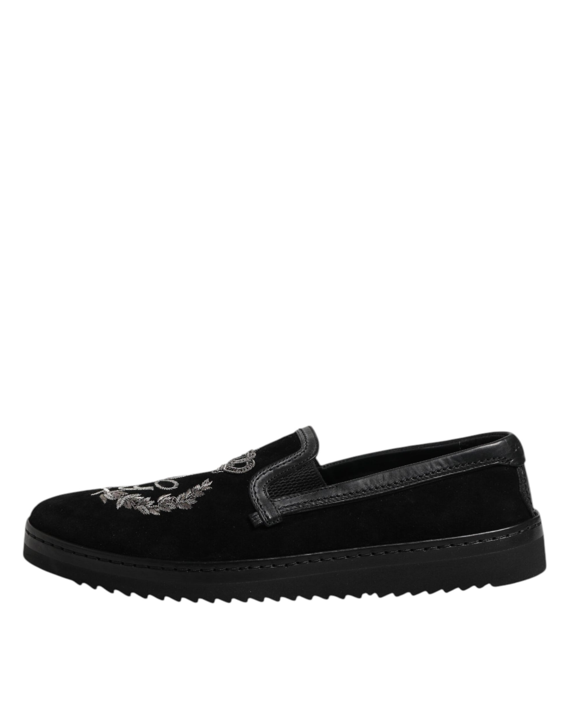 Dolce & Gabbana Black Embroidered Crown Loafers