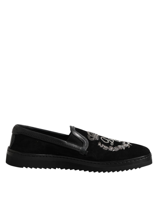 Dolce & Gabbana Black Embroidered Crown Loafers