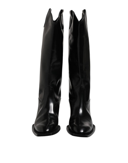Dolce & Gabbana Black Calfskin Leather Logo High Boots