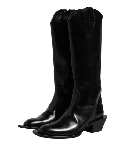 Dolce & Gabbana Black Calfskin Leather Logo High Boots