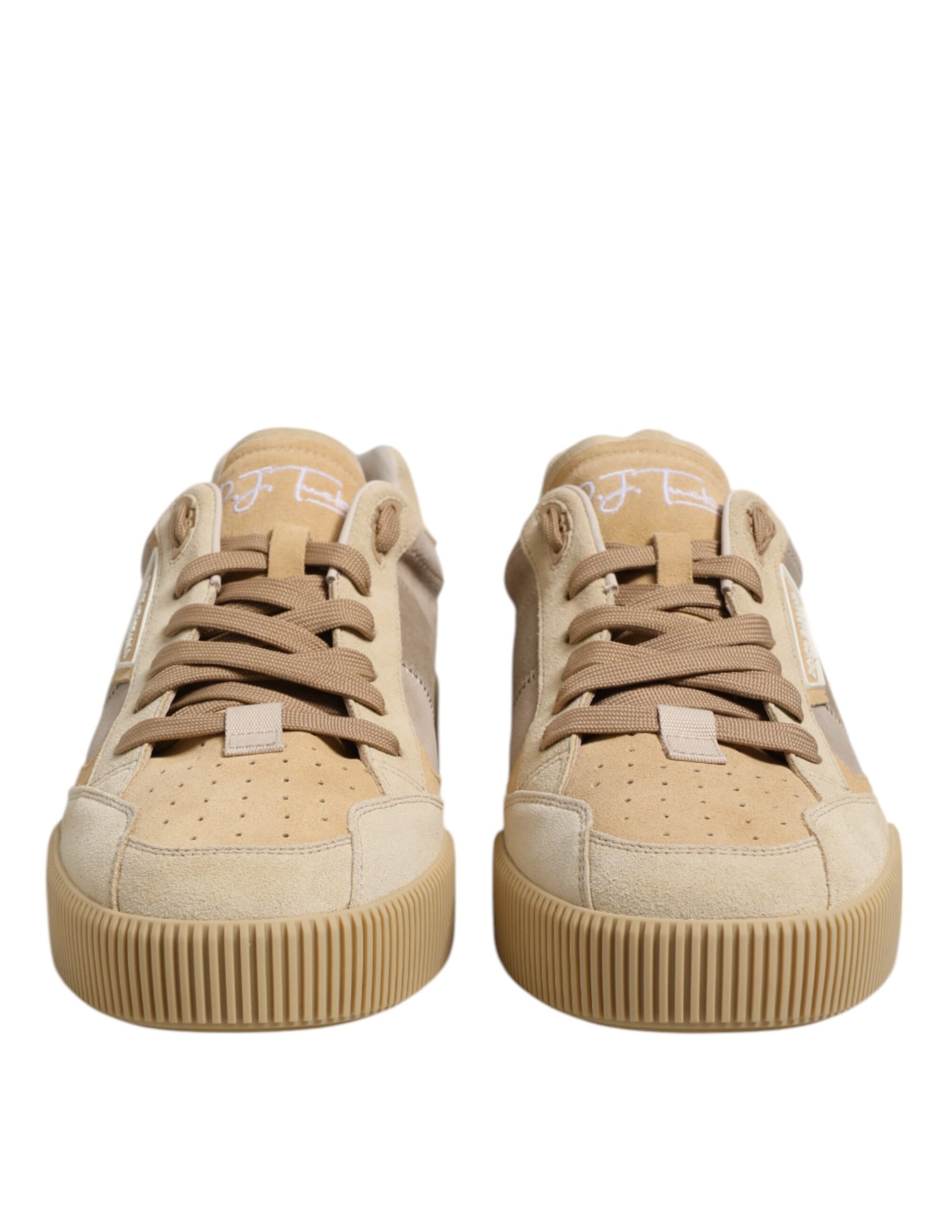 Dolce & Gabbana Beige Leather Low Top Lace Up Sneakers