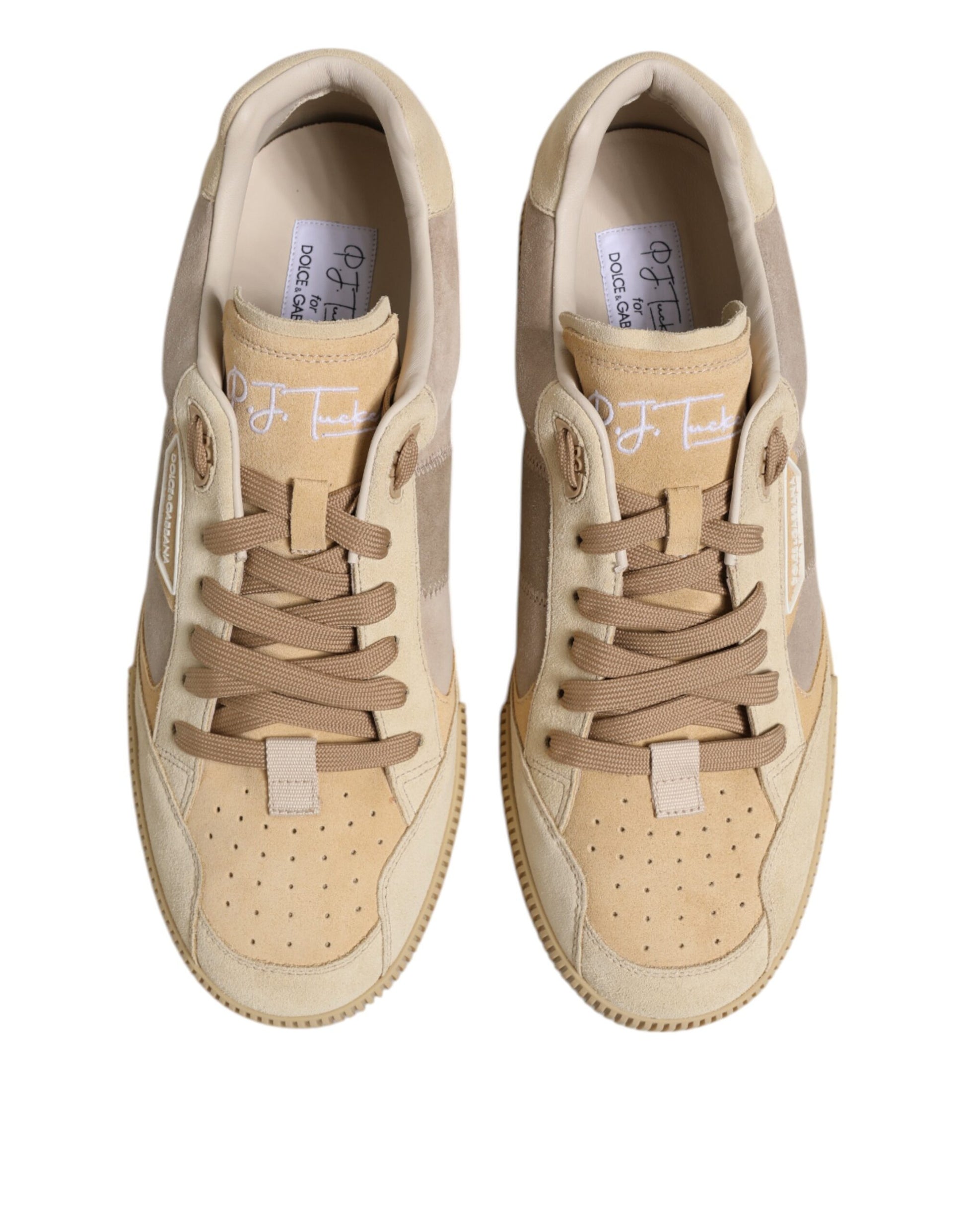 Dolce & Gabbana Beige Leather Low Top Lace Up Sneakers
