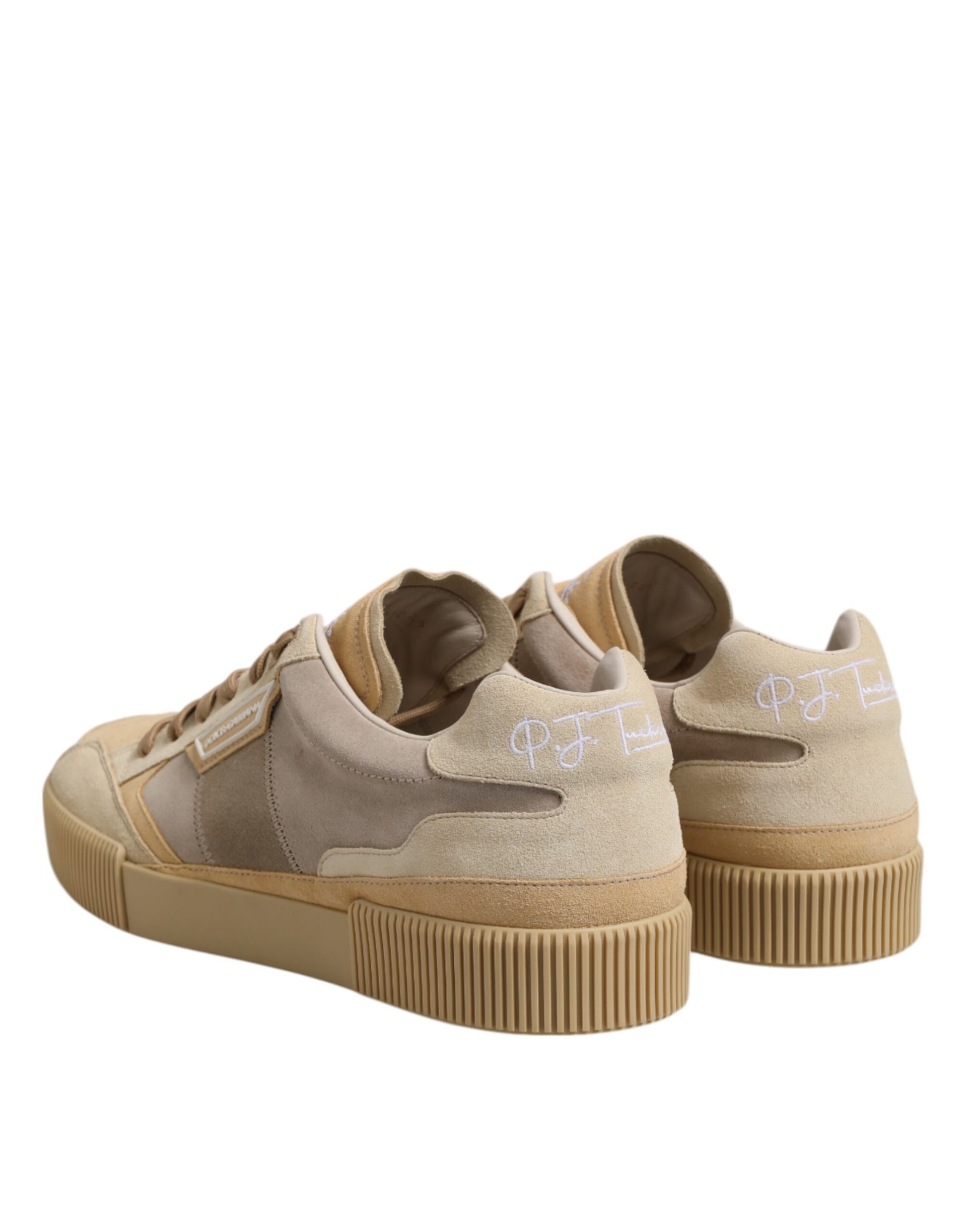 Dolce & Gabbana Beige Leather Low Top Lace Up Sneakers