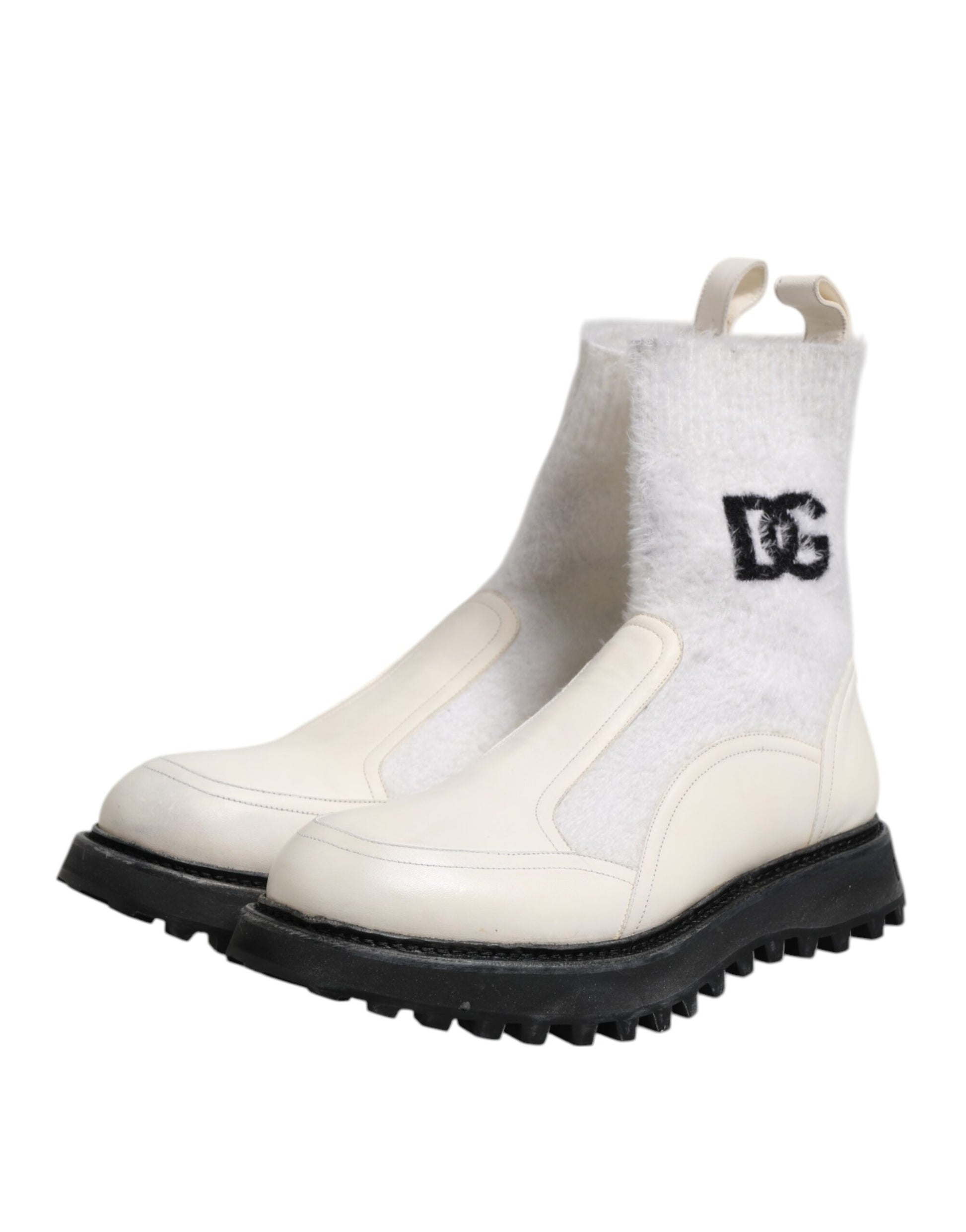 Dolce & Gabbana White Beige DG Logo Mid Calf Boots