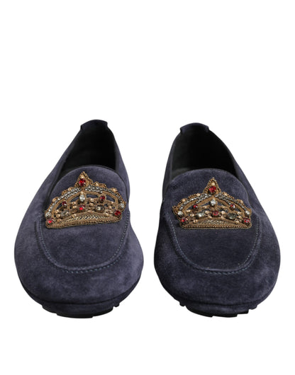 Dolce & Gabbana Blue Suede Crown Crystal Loafers Dress Shoes