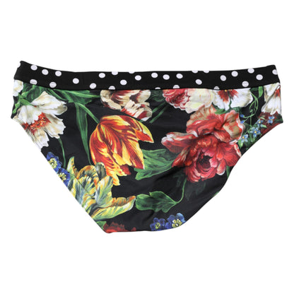 Dolce & Gabbana Black Floral Logo Men's Brief Swimwear