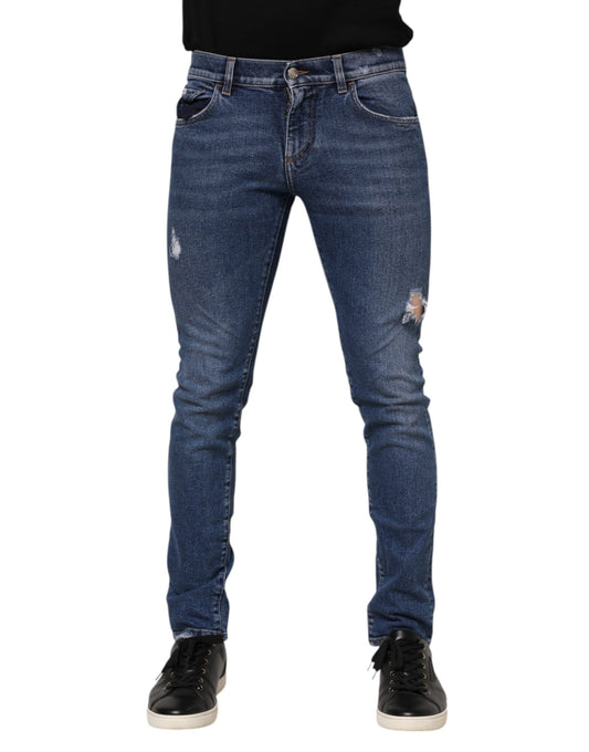 Dolce & Gabbana Blue Cotton Logo Plaque Skinny Denim Jeans for Men