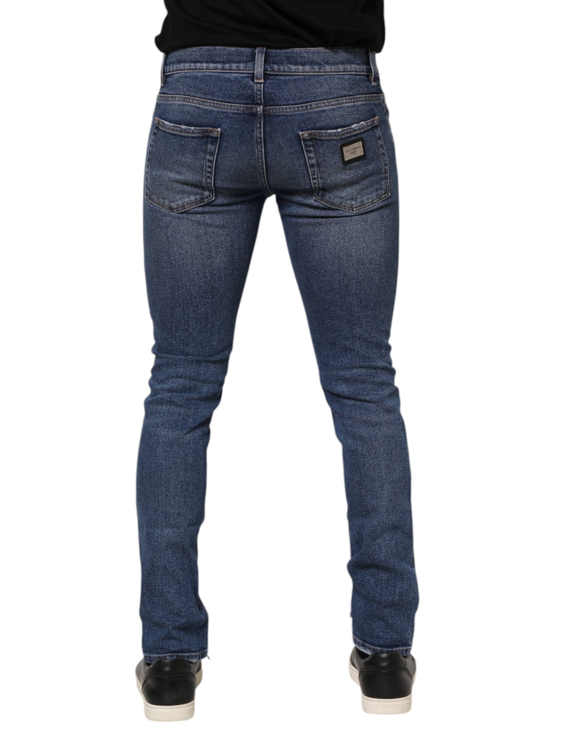 Dolce & Gabbana Blue Cotton Logo Plaque Skinny Denim Jeans for Men
